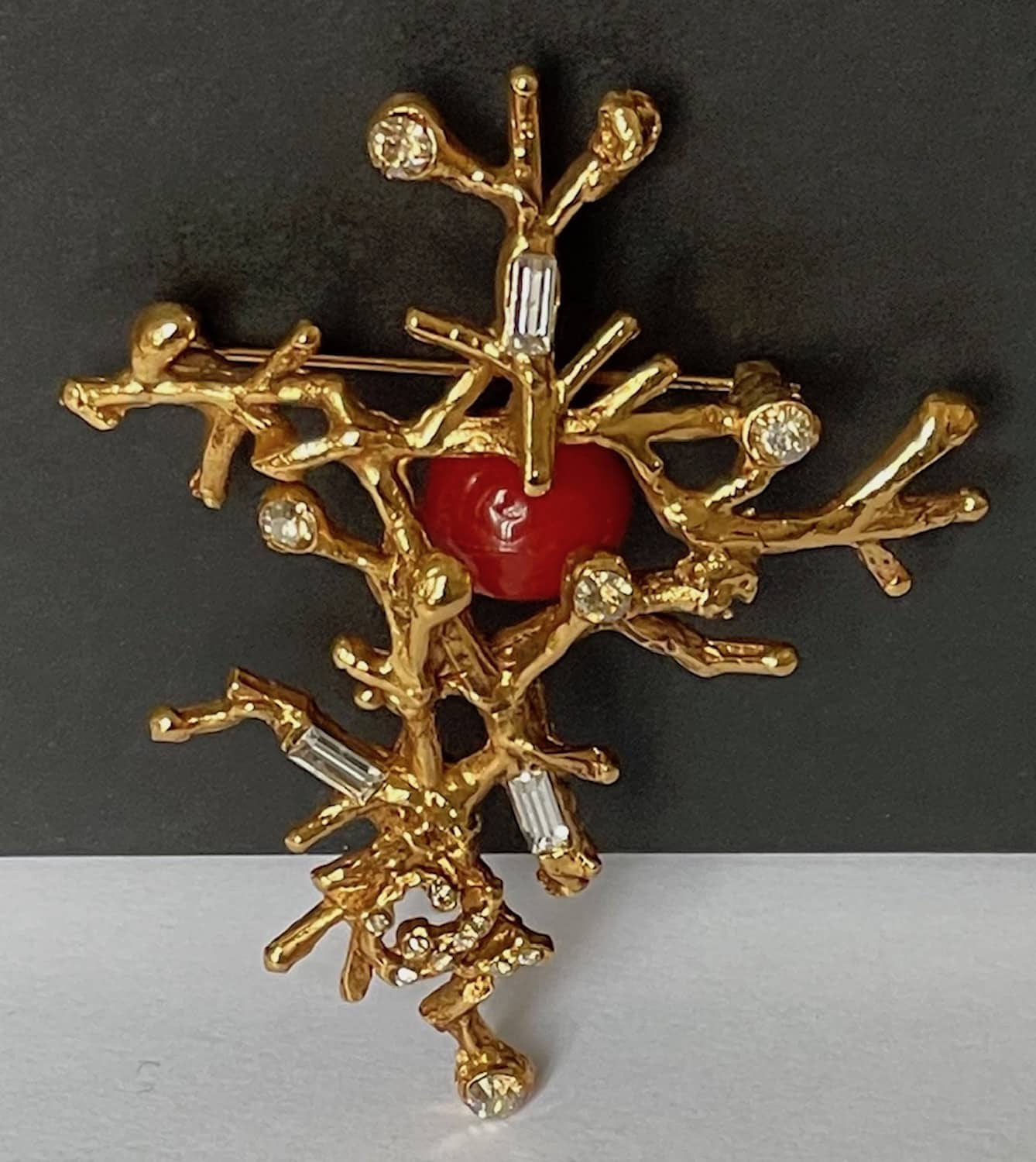 CHRISTIAN LACROIX 1990s Gold Coral Branch Crystal & Red Statement