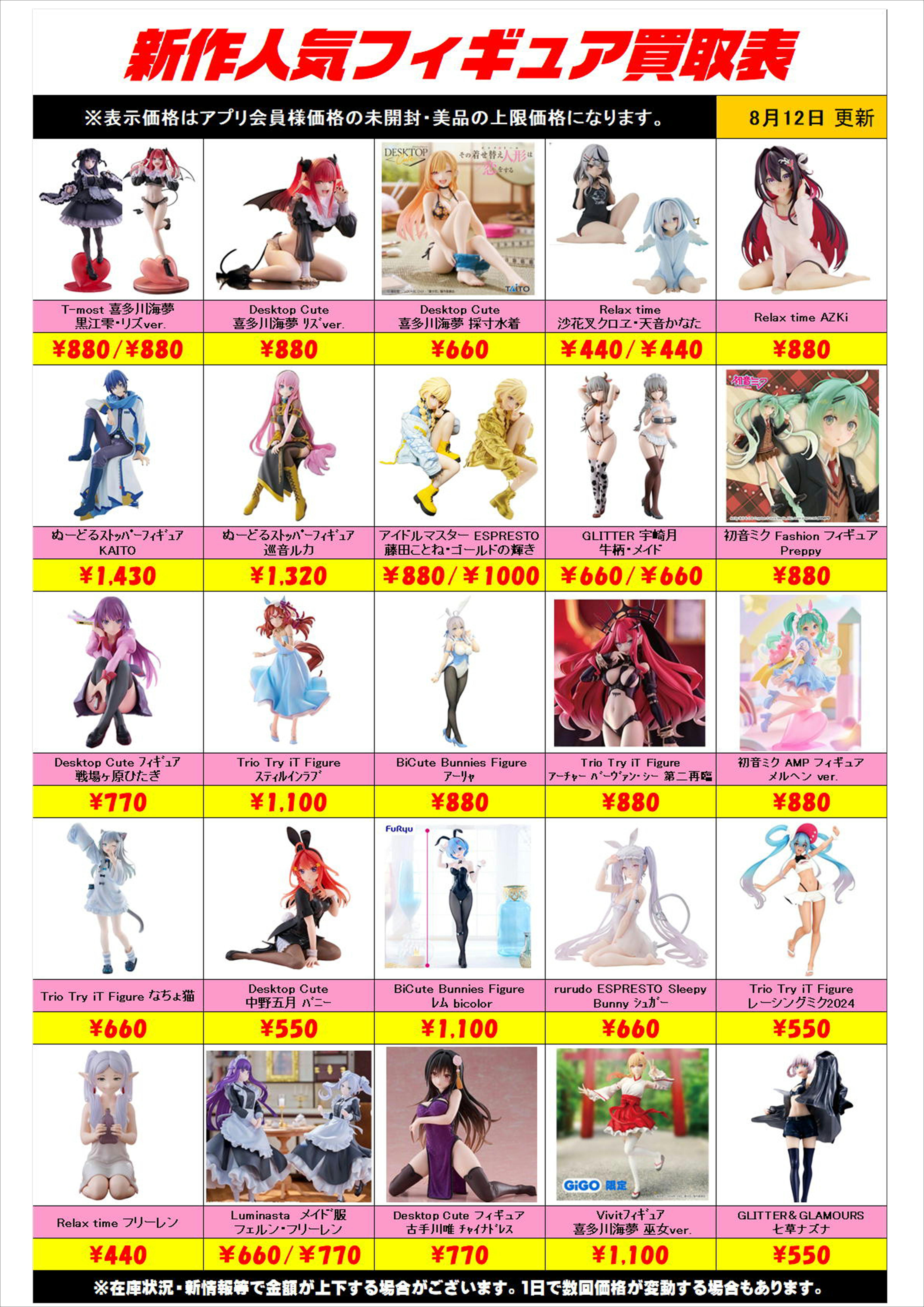 新作プライズフィギュア買取表更新しました！ 8/12～ プラスアップ