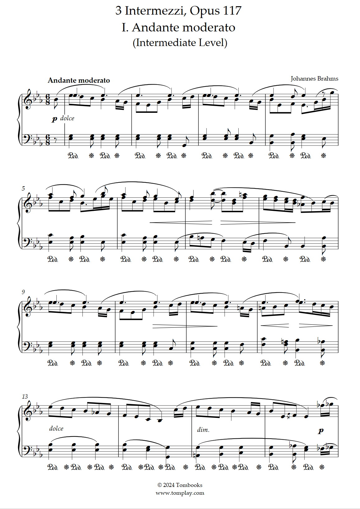 3つの間奏曲 Op.117〜第1番 (中級) (ブラームス) - ピアノ 楽譜