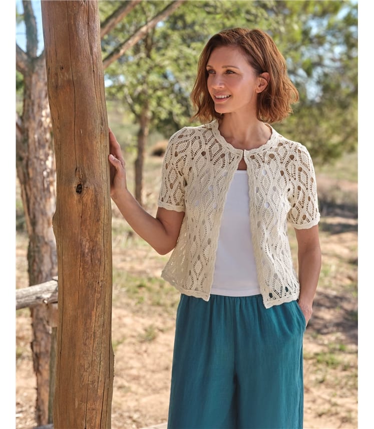 Cream | Open Wavy Crochet Cardigan | WoolOvers US