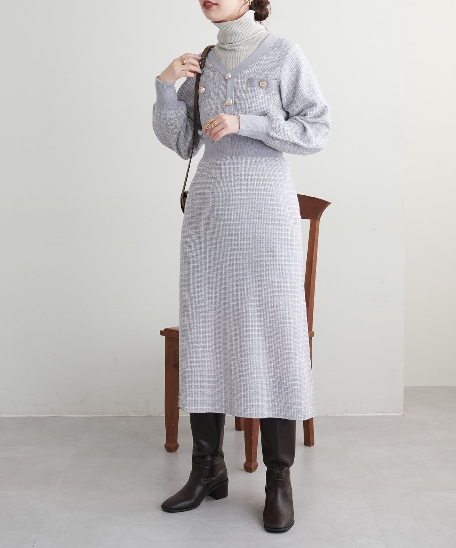 madoka金釦ツイードニットワンピース | natural couture(ナチュラル