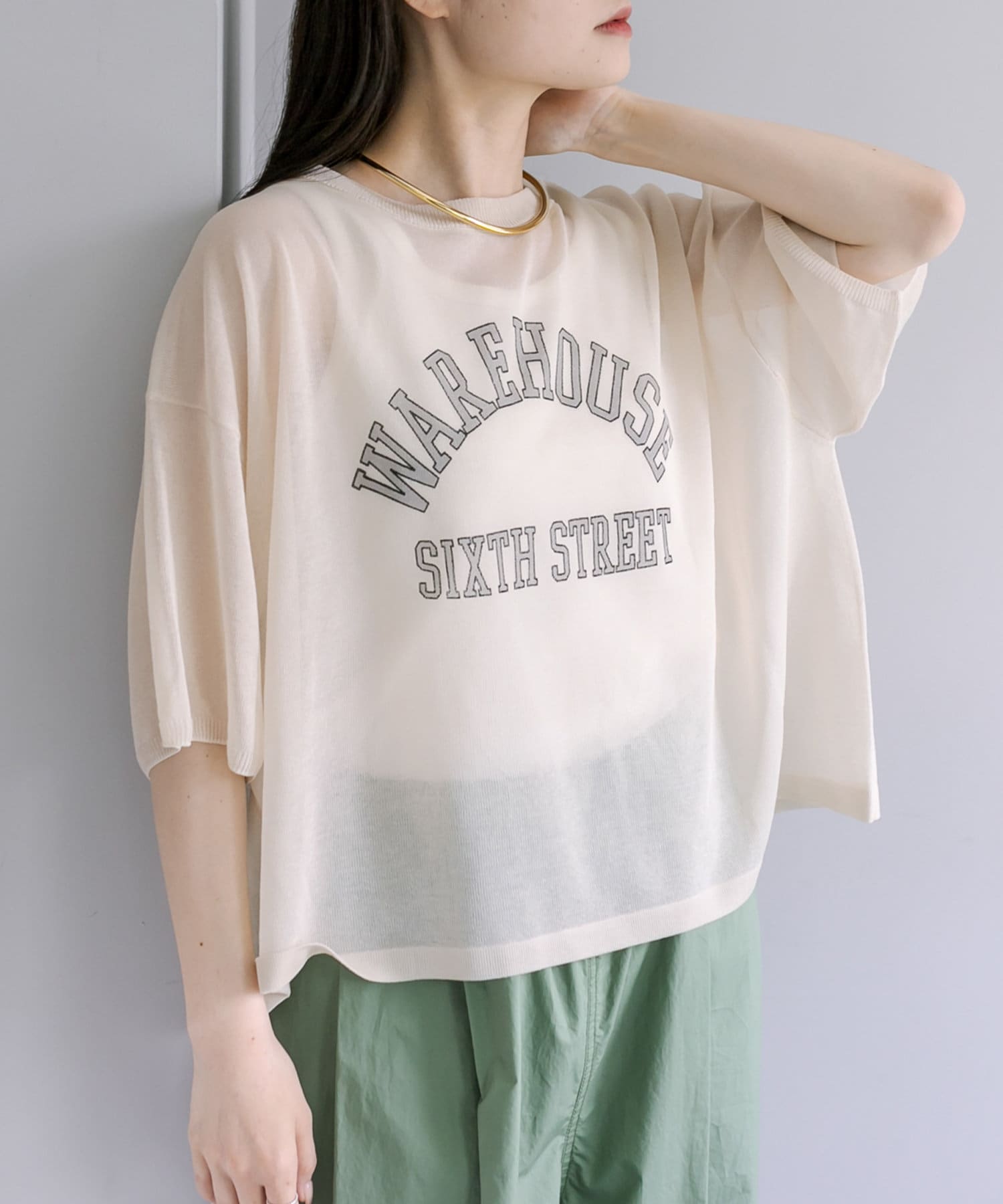 3色展開】ロゴプリントハーフスリーブシアーニット | PUAL CE CIN