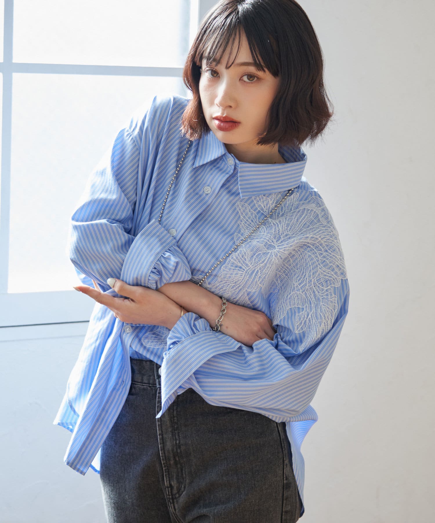 2025SS】肩レースストライプシャツ | Remind me and forever