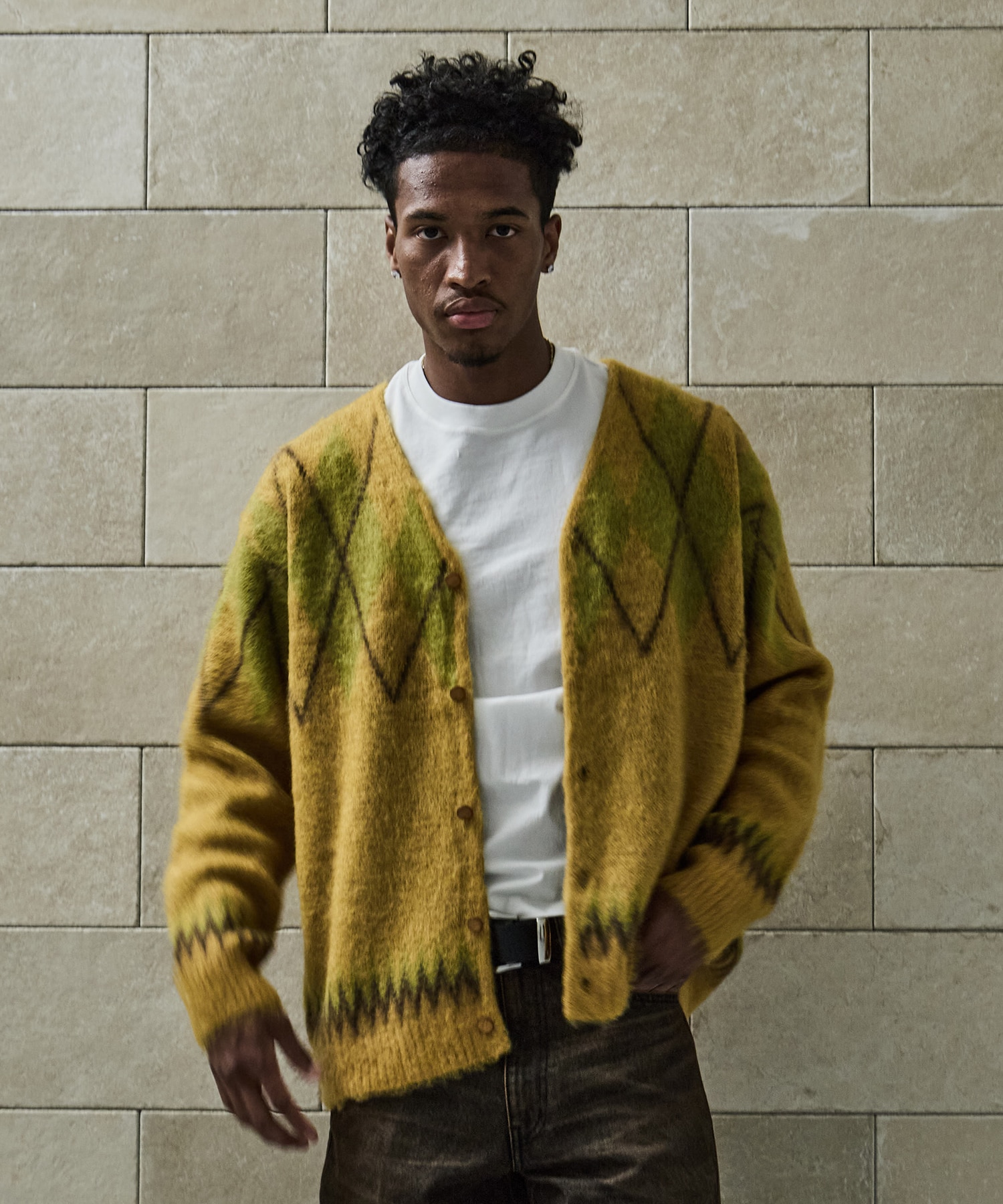 Mohair Cardigan Argyle(S MUSTARD): Needles: MENS｜CONZ ONLINE STORE