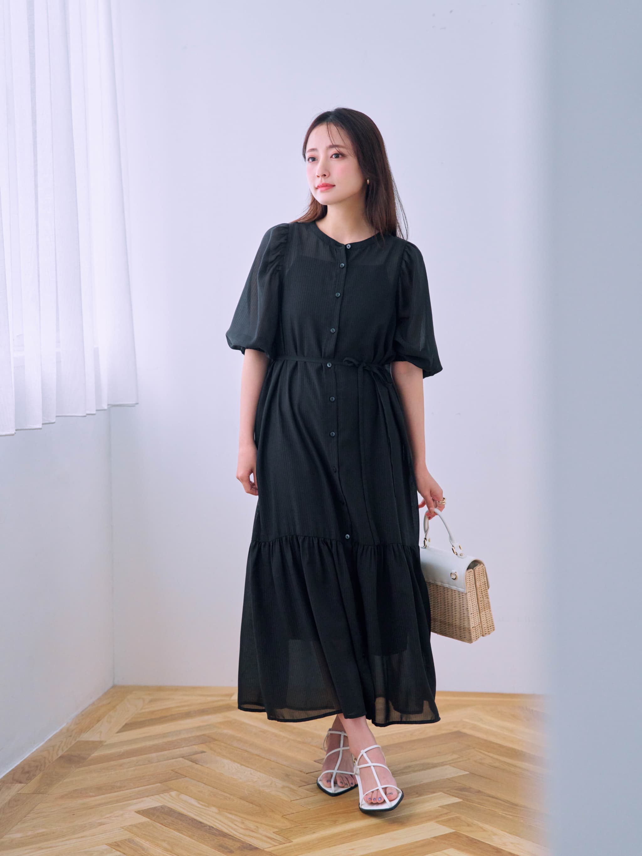 シアーストライプギャザースリーブワンピース-short & regular | 小柄