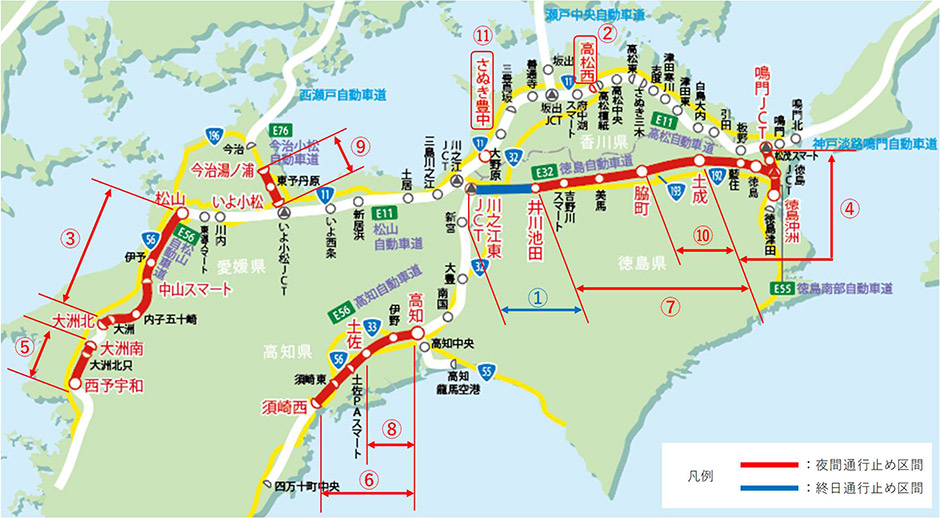 四国内の高速道路の対面通行区間において秋季夜間通行止め及び一部区間