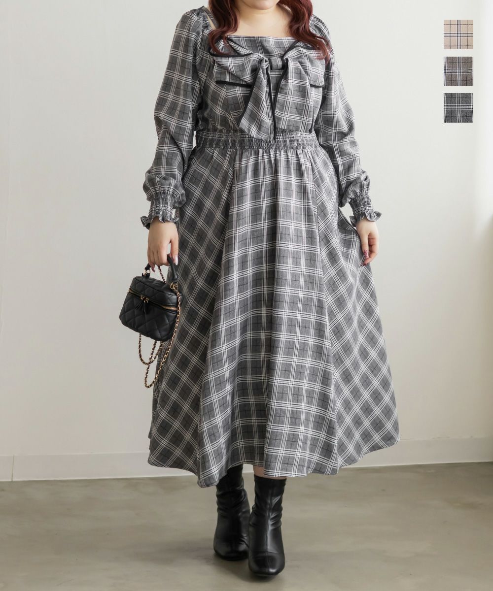 CLETTEオリジナルチェック柄2WAYリボンワンピース | 大きいサイズ