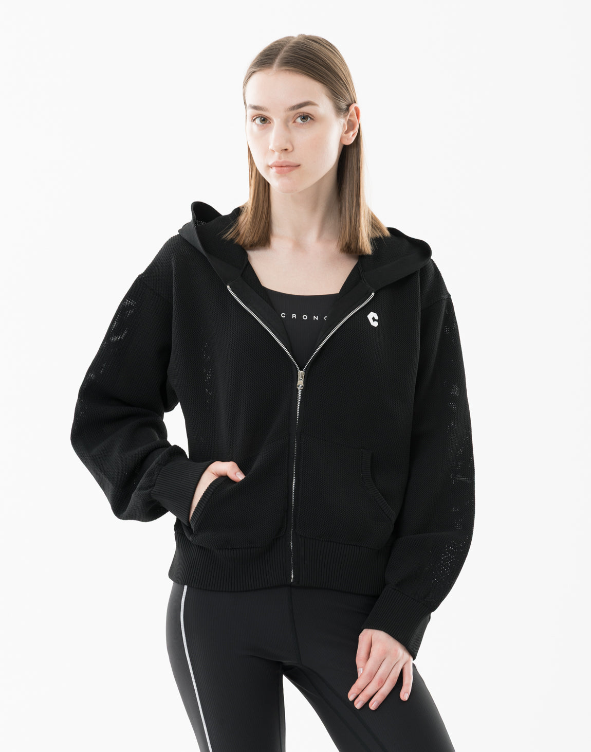 CRONOS WOMEN Summer Mesh Knit Zip Hoodie【BLACK】