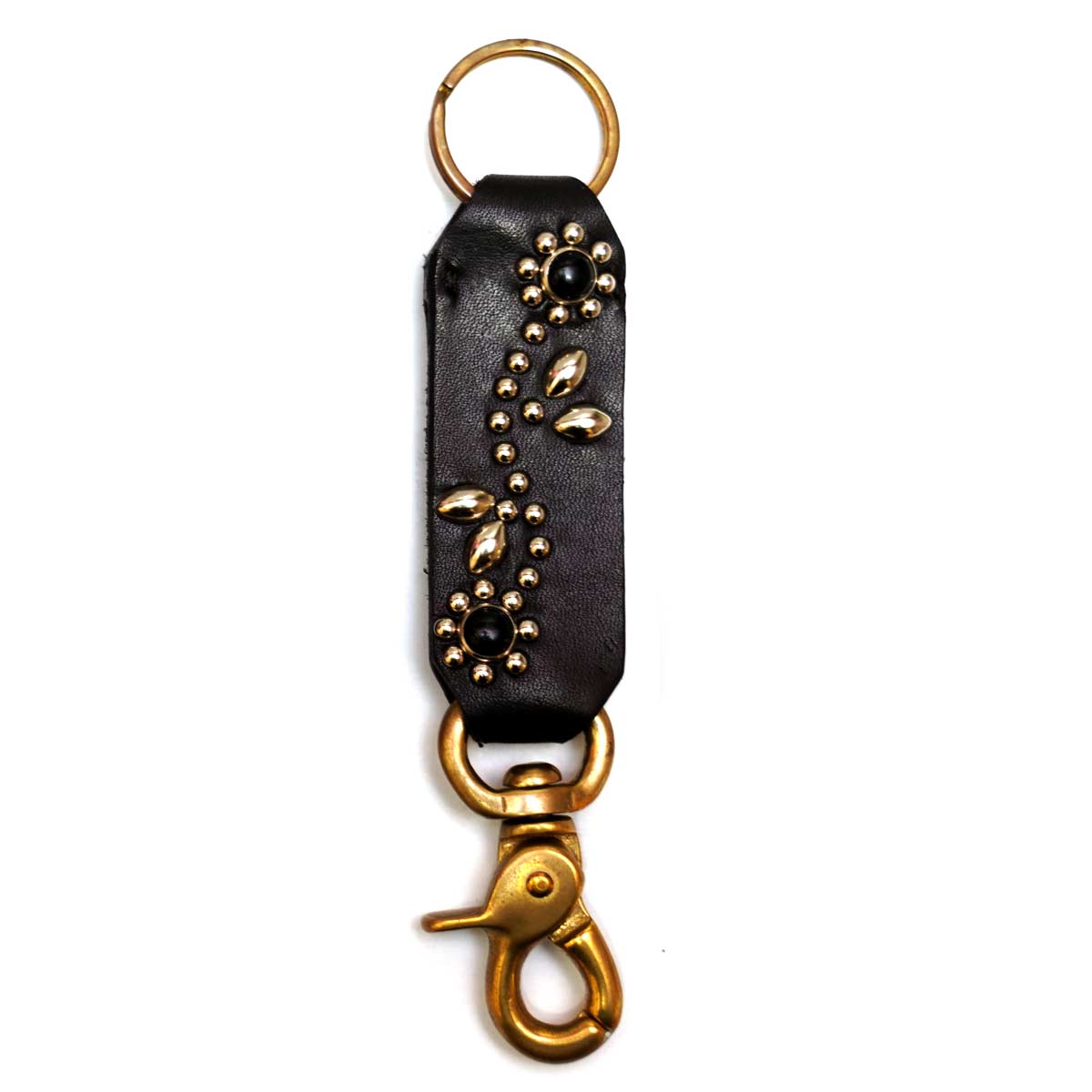 LEATHER&BRASS ROOP KEY HOLDER FLOWER STUDS BROWN