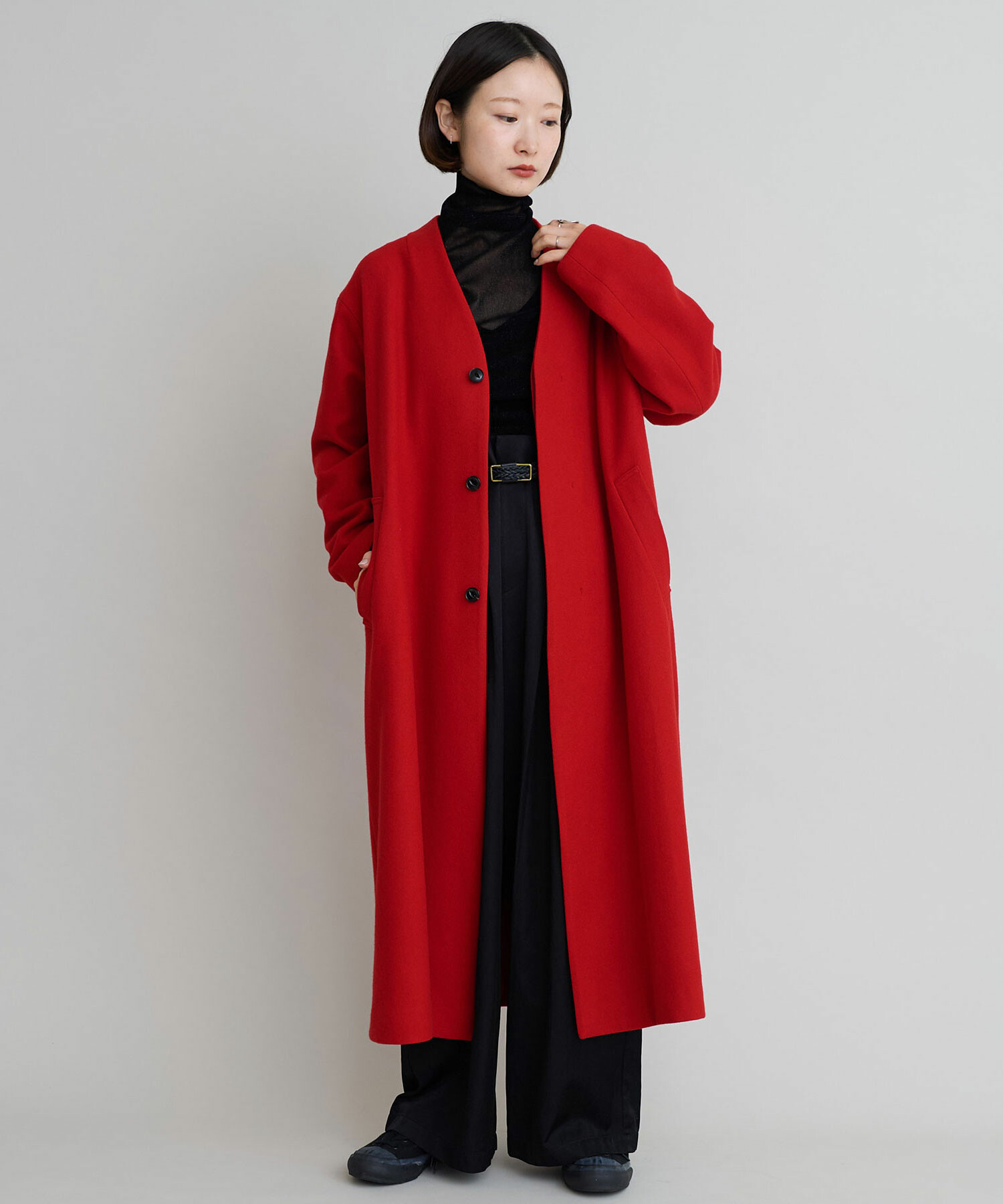 AMBIDEX Store 〇ウールメルトン Vネックロングコート(F アカ): iki