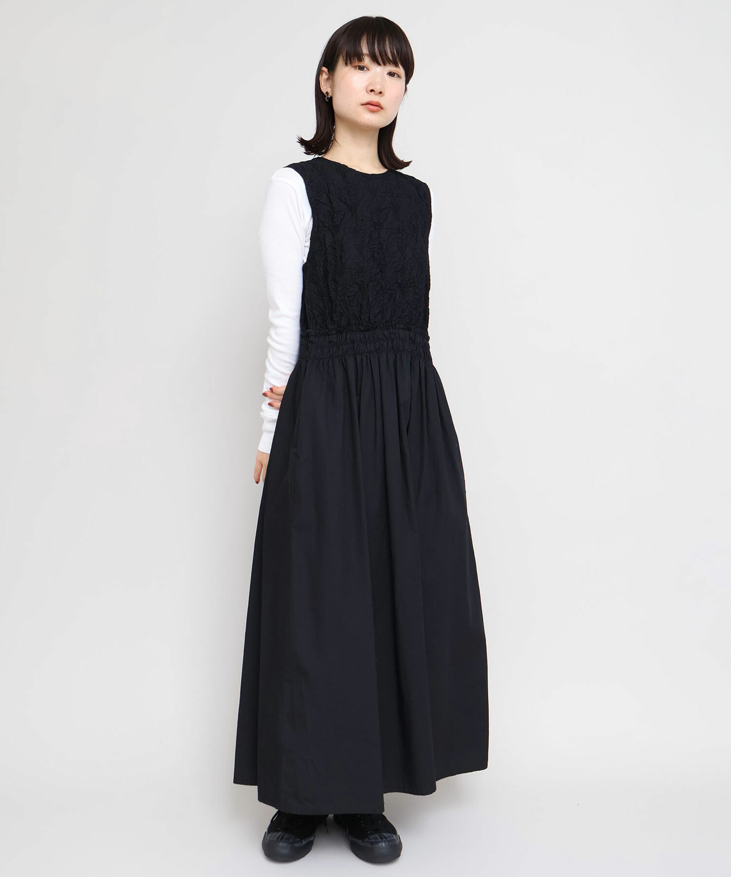 AMBIDEX Store シャーリング刺繍 ノースリギャザー ワンピース(F シロ