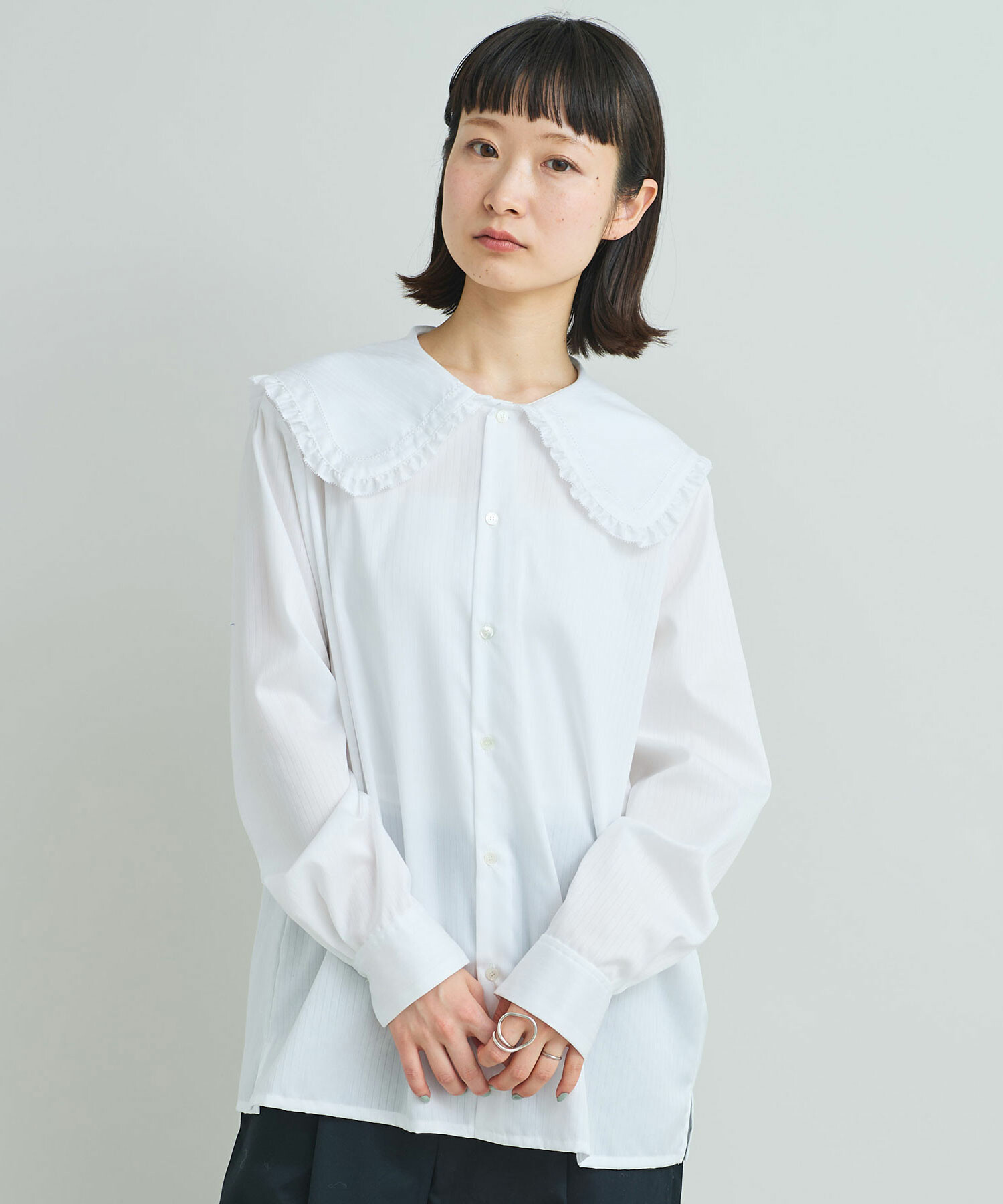 AMBIDEX Store 〇100/2ドビーストライプ フリルフラットカラー シャツ