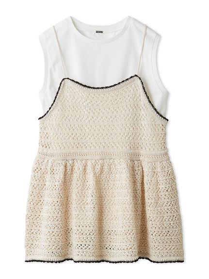 ウォッシャブル】クロシェニットキャミ×ノースリトップス(ニット