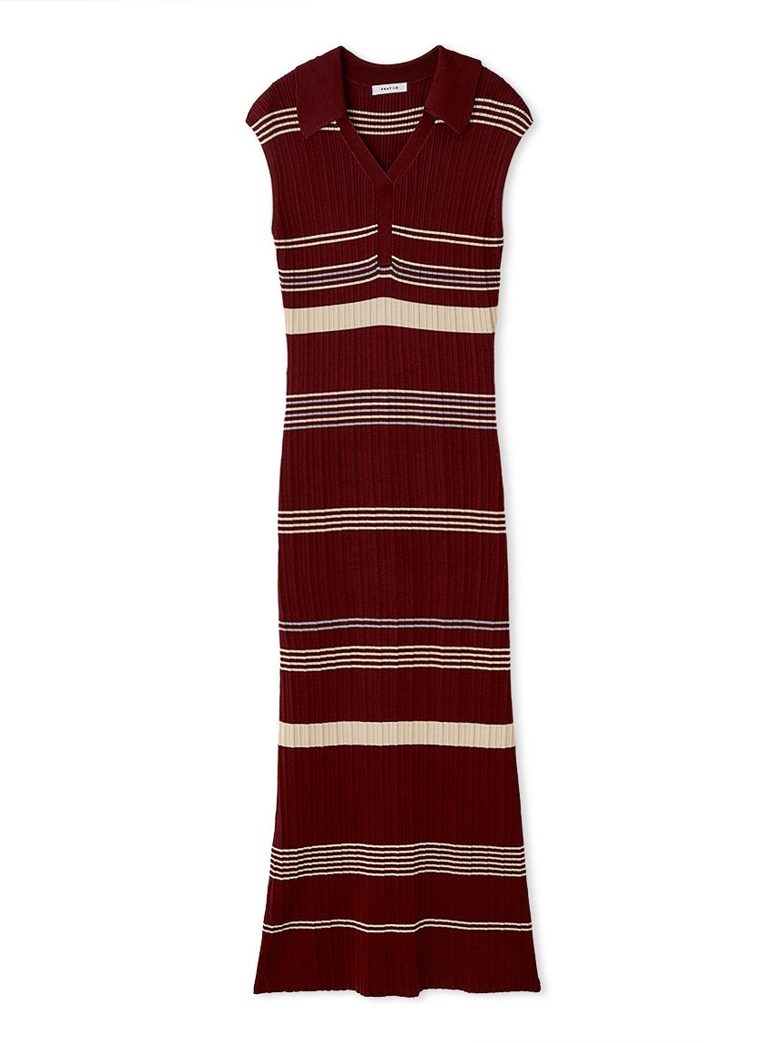 ポロカラーアンサンブルリブニットワンピース(マキシ・ロング