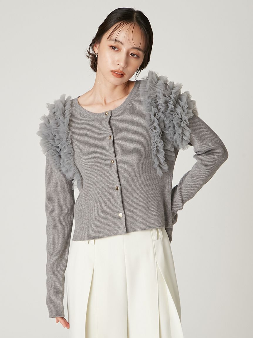 ショルダーチュールフリルニットカーディガン(カーディガン)｜トップス