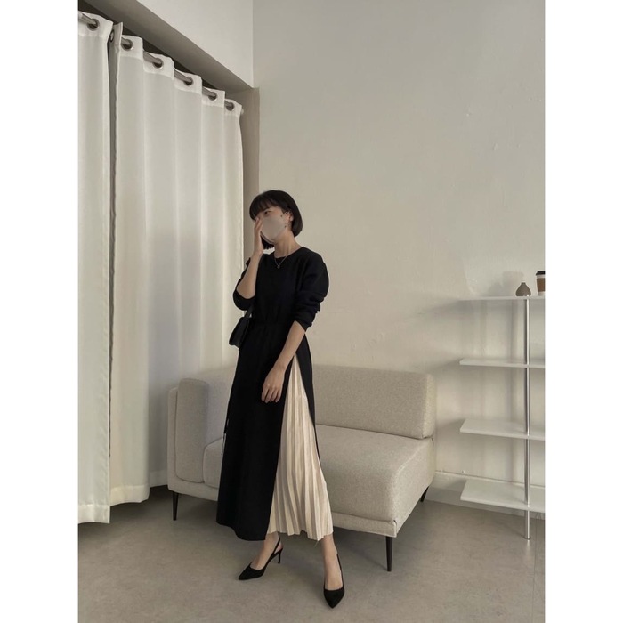 骨格ウェーブ服切り替えプリーツロングワンピース（ワンピース）｜骨格