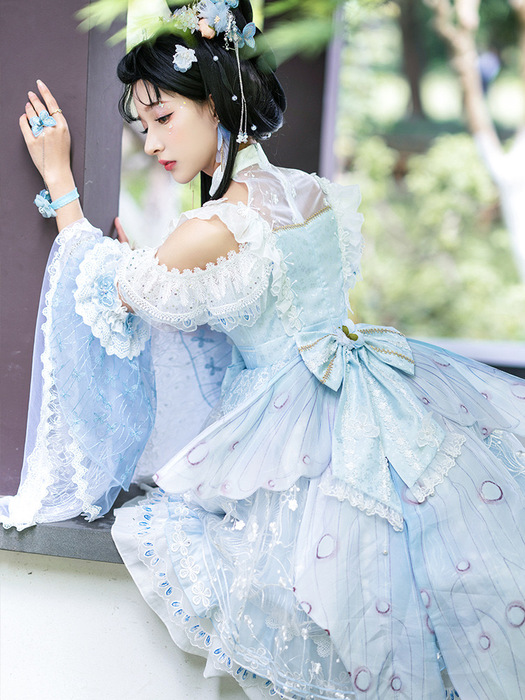 ロリータファッション 【中華ロリータ】水色花嫁風ワンピース フル