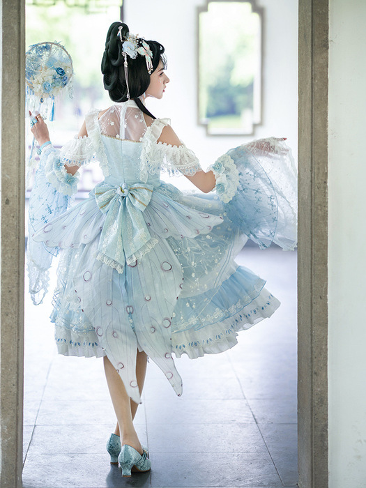 ロリータファッション 【中華ロリータ】水色花嫁風ワンピース フル