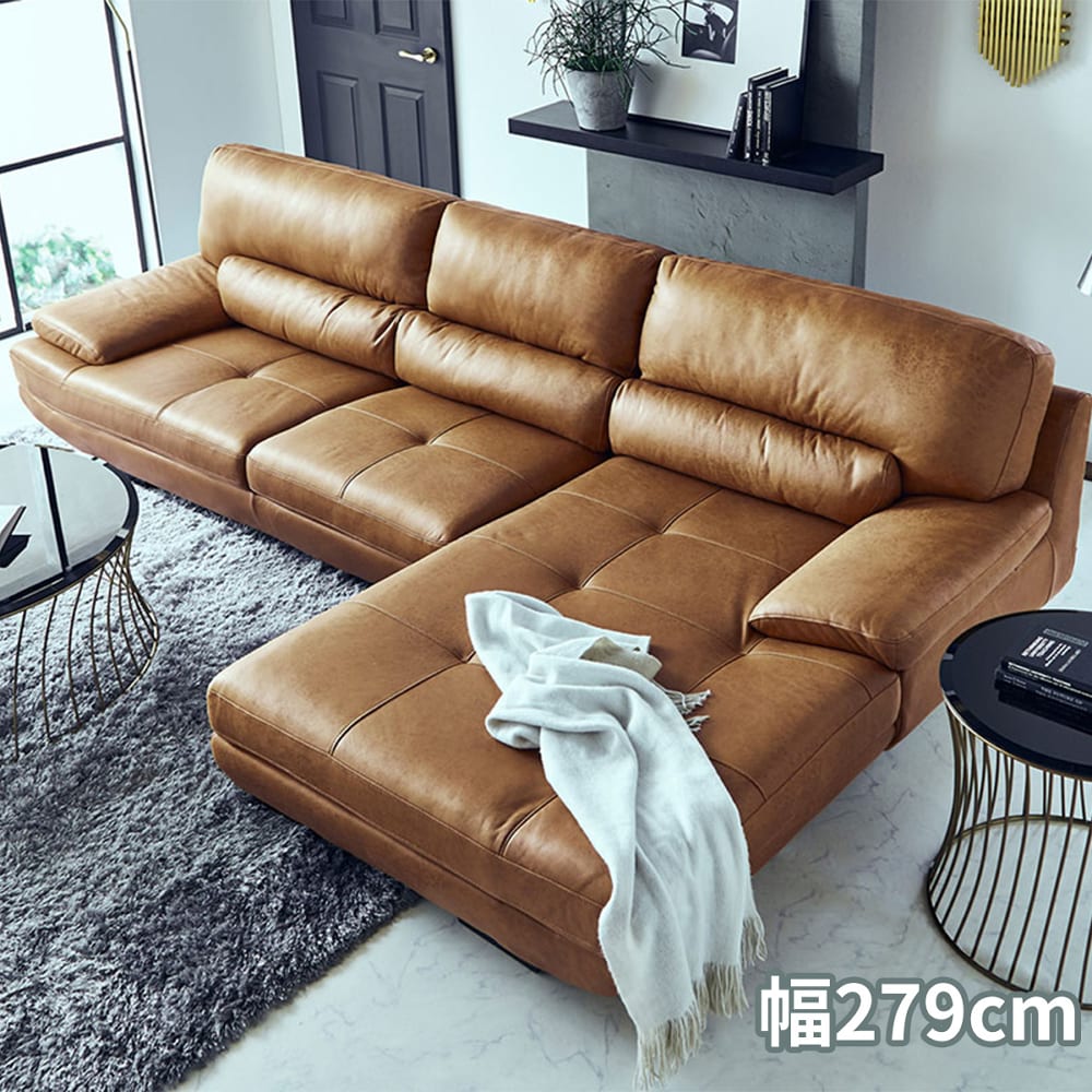 レザーテックス】 シェーズロングソファ トレビソ Lタイプ (キャメル