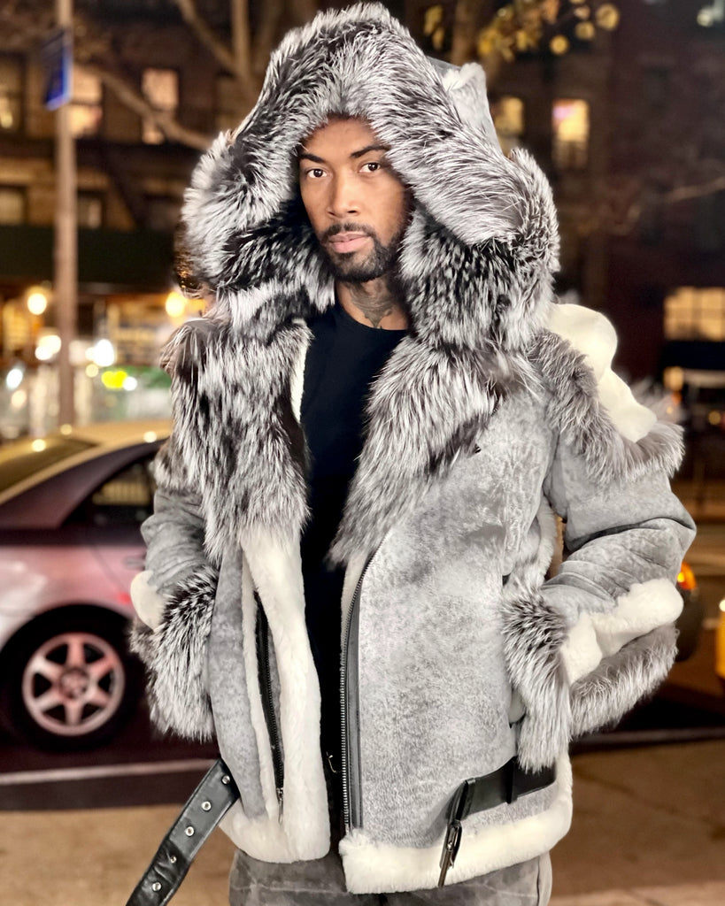 MEN SHEARLING- DISTRESSED GREY BIKER STYLE WITH SILVER FOX FUR
