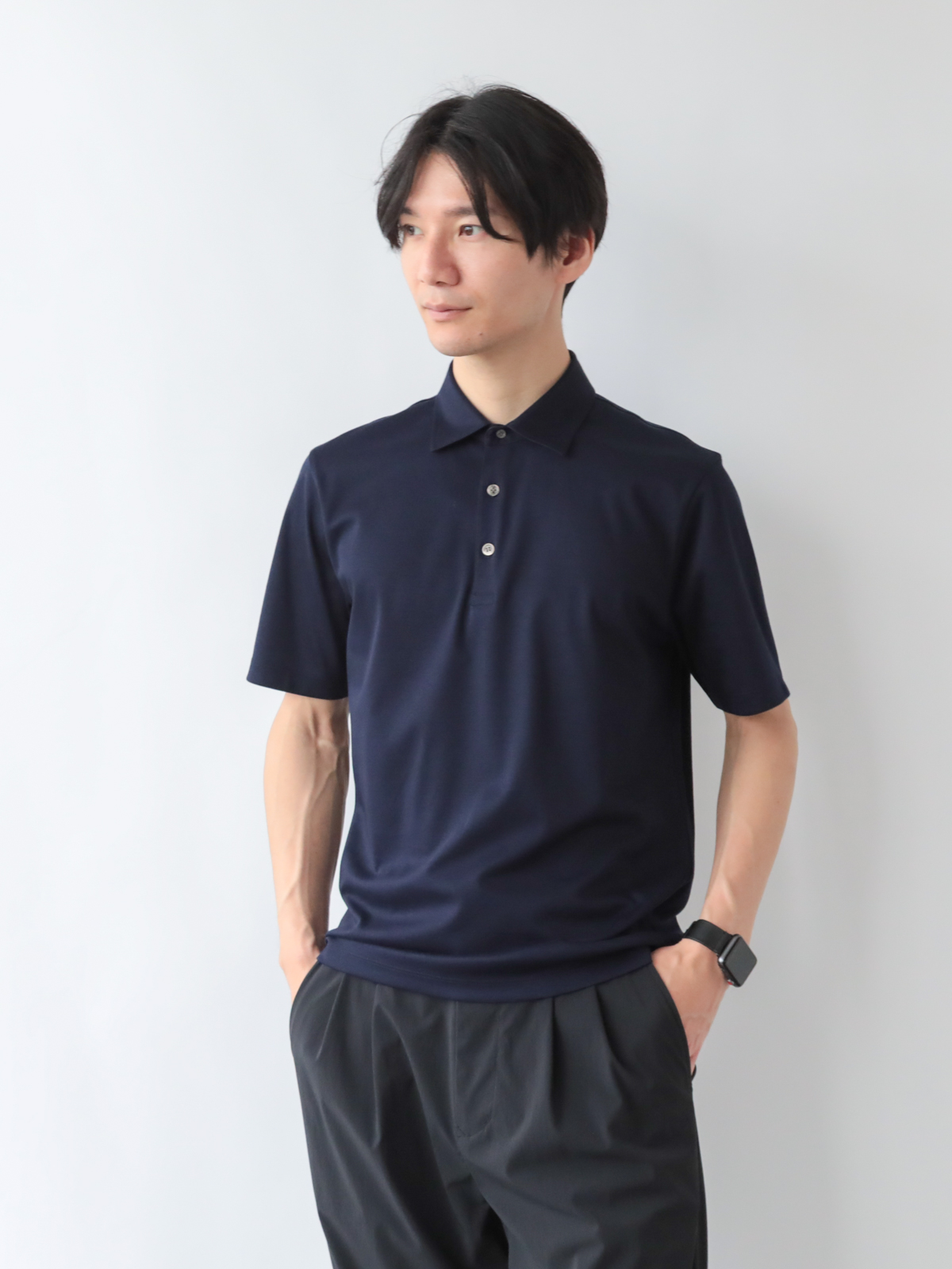 上質コットン100%のドレスポロシャツ/レギュラーカラー/ネイビー