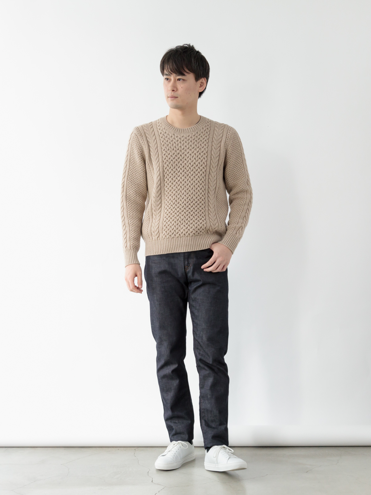 ウォッシャブルウール100% 軽量ケーブル編みニット/ベージュ