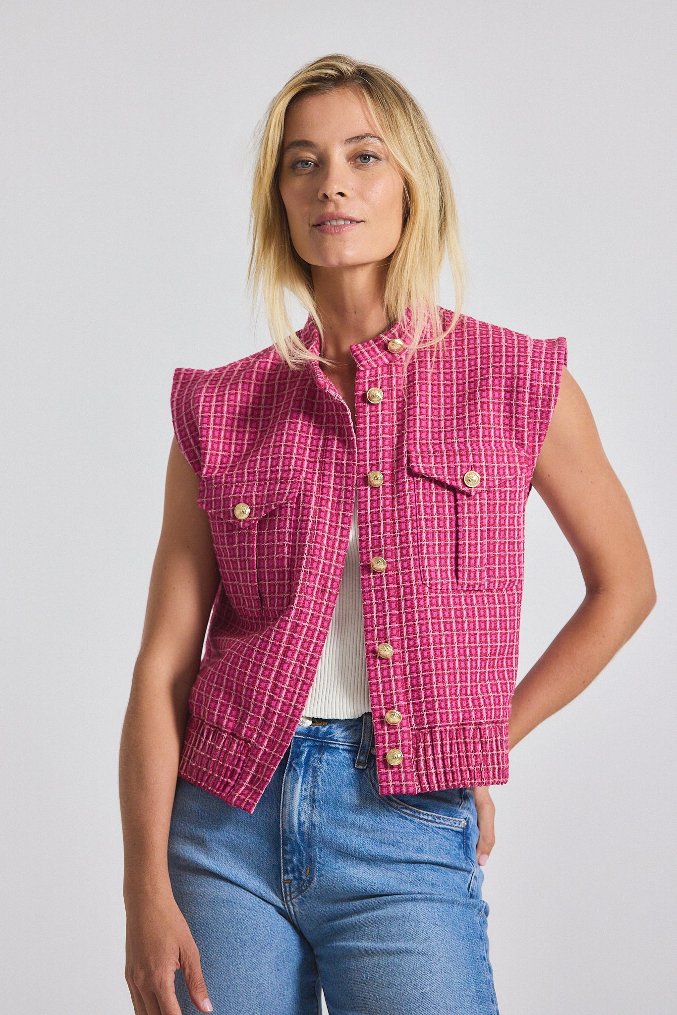 Namira Cotton Tweed Sleeveless Jacket - Raspberry-White – Derek Lam