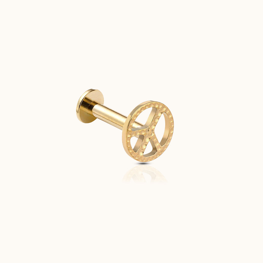 Peace Sign Threadless Labret PVD Gold Flat Push Back Nap Stud