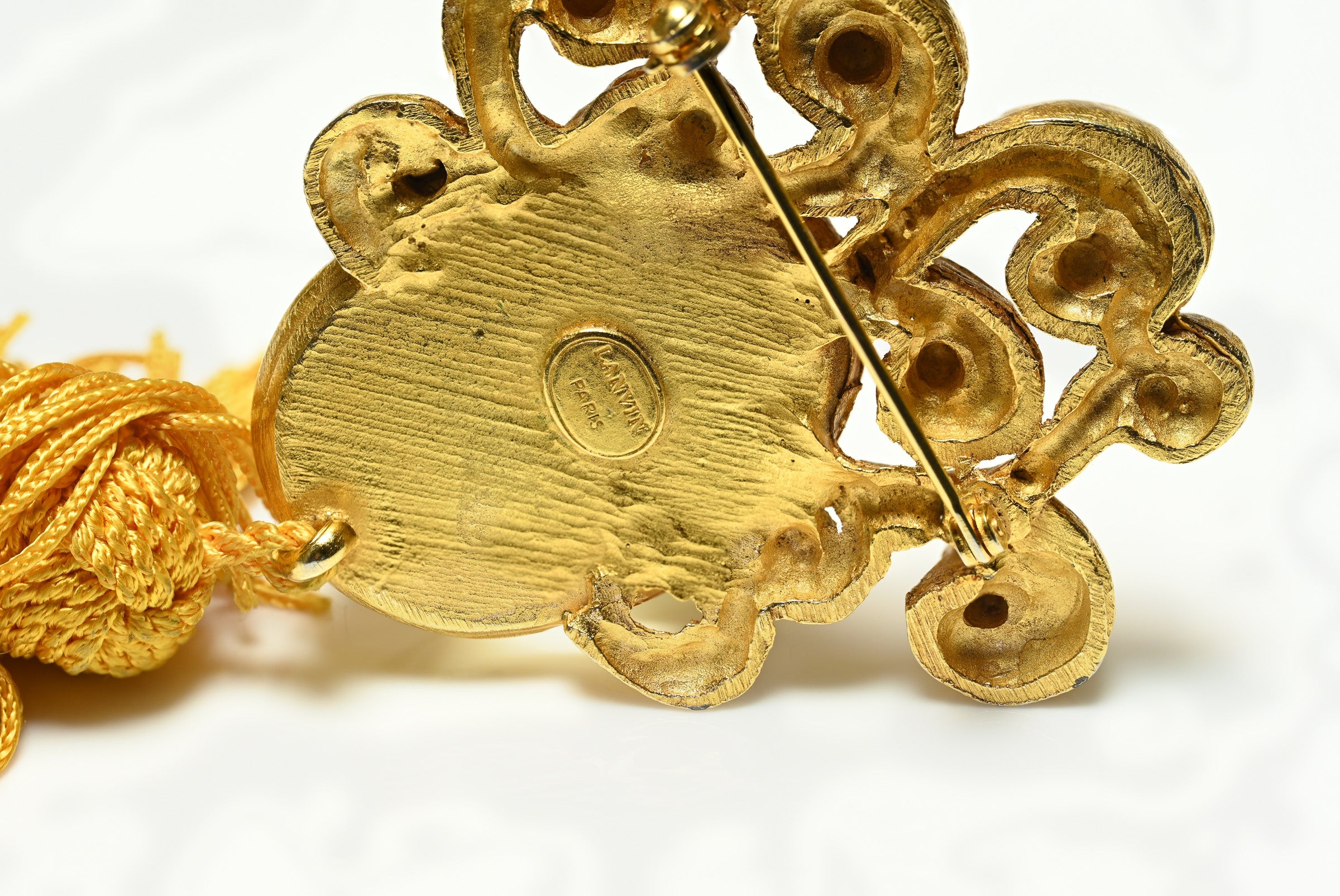 Vintage Lanvin Paris Carved Lucite Logo Tassel Brooch