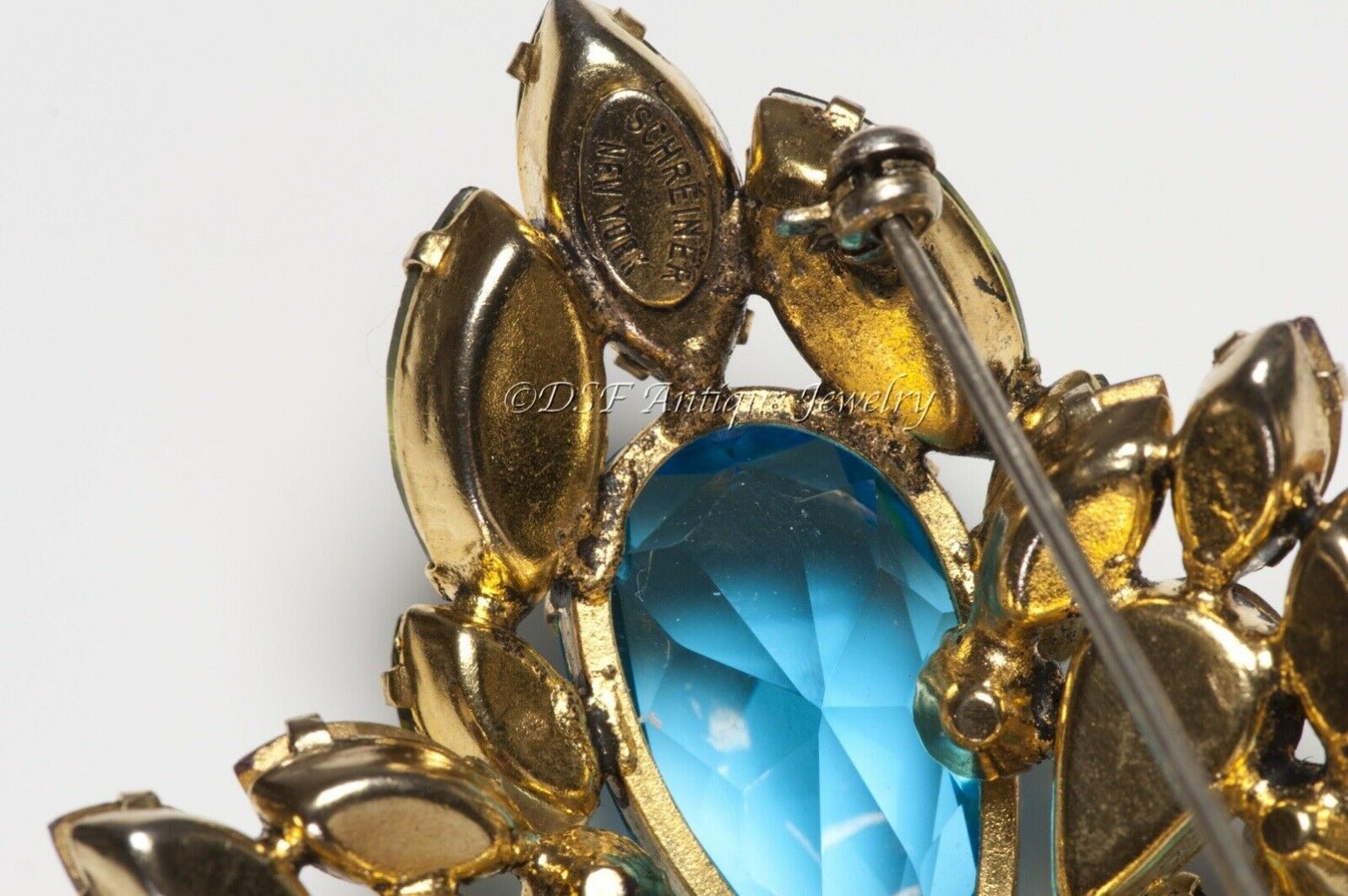 SCHREINER New York 1950's Blue Green Pink Crystal Flower Brooch