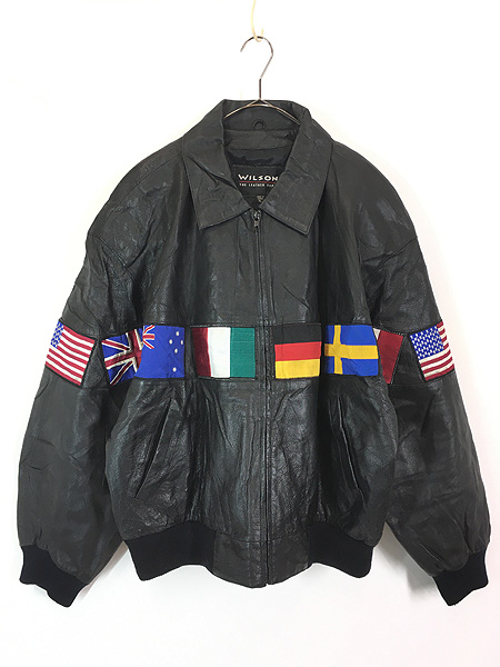 古着 90s Wilsons 万国旗 フラッグ パッチ 本革 オール レザー 襟付き