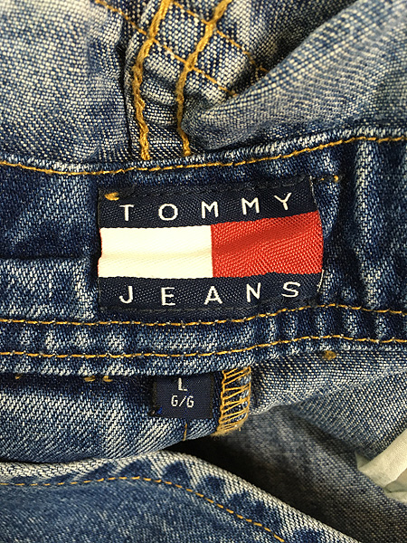 古着 90s TOMMY JEANS フラッグ ロゴ パッチ デニム オーバーオール L
