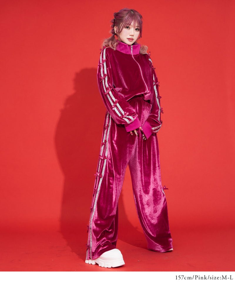 ビジューラインスタンドカラーベロアジャージパーカー【セットアップ可