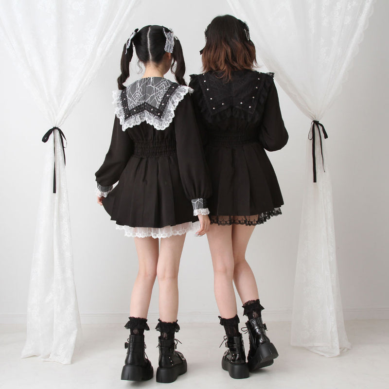 クモレース角襟ベルトレースアップワンピース – レディース