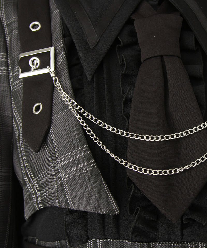 ジャケット風チェーンネクタイベルトプリーツワンピース – レディース