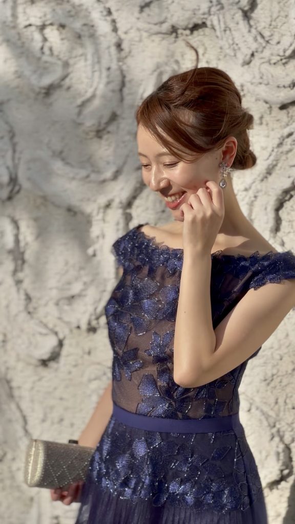 TADASHI SHOJI タダシショージ ネイビーオフショルプリーツミモレ