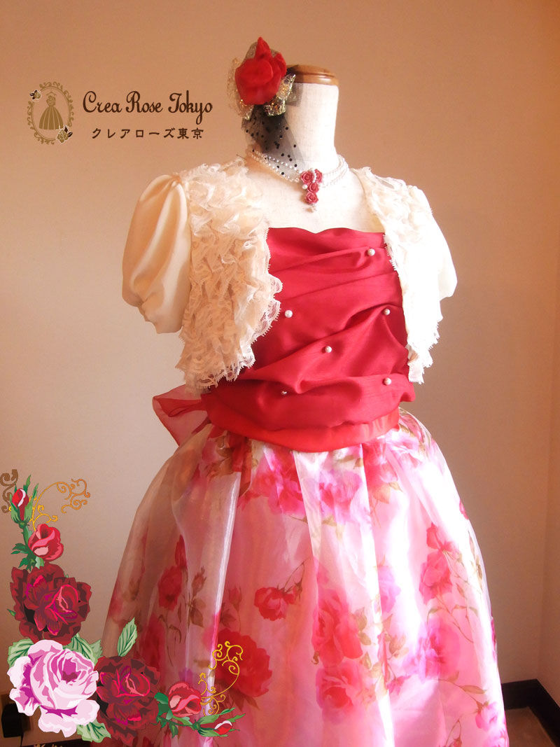 プリンセスローズ]オリジナル赤薔薇ロングドレス ローズ柄｜レンタル