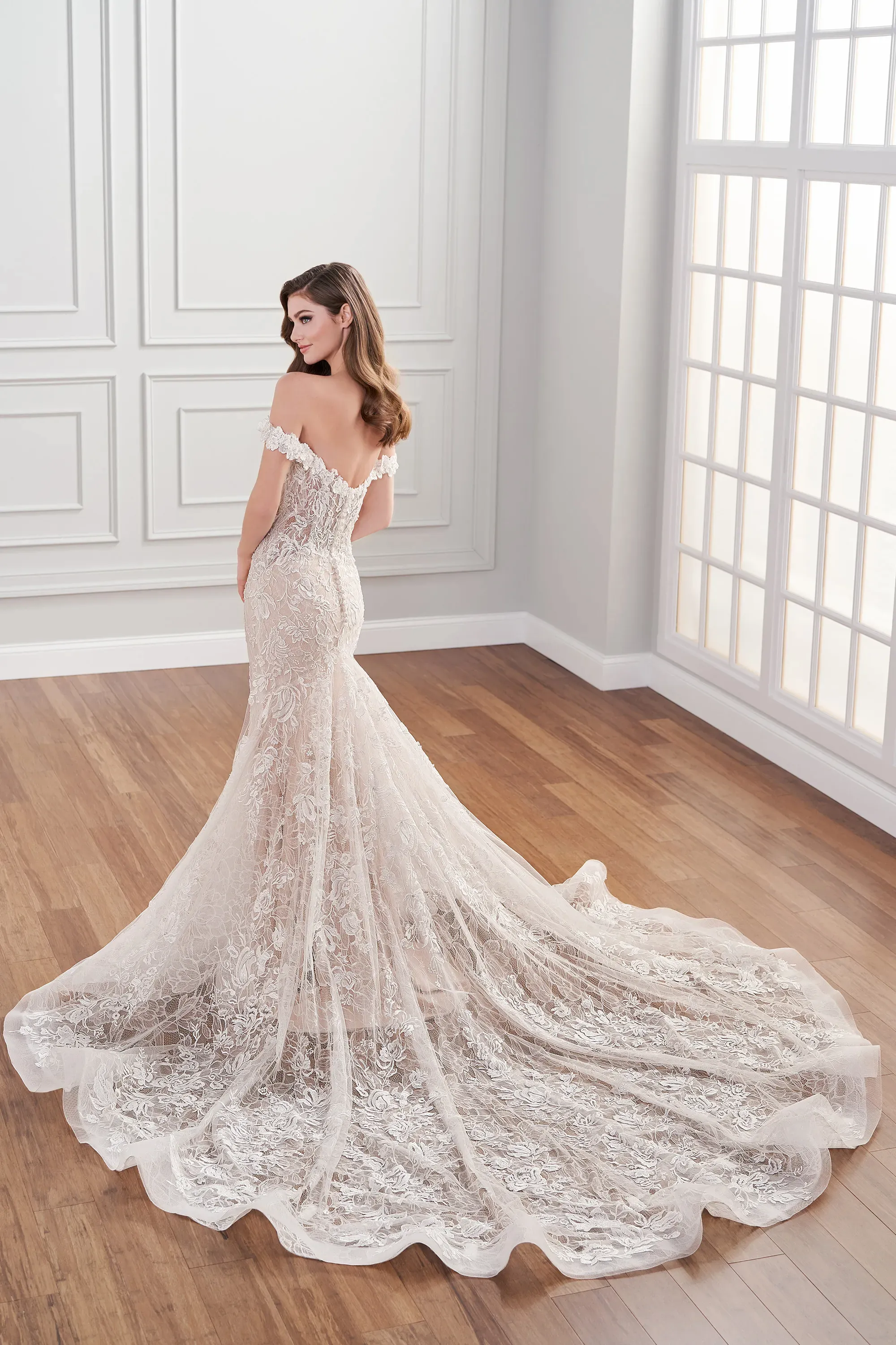 Gia: Off the Shoulder Lace Fit and Flare Wedding Dress with 3D