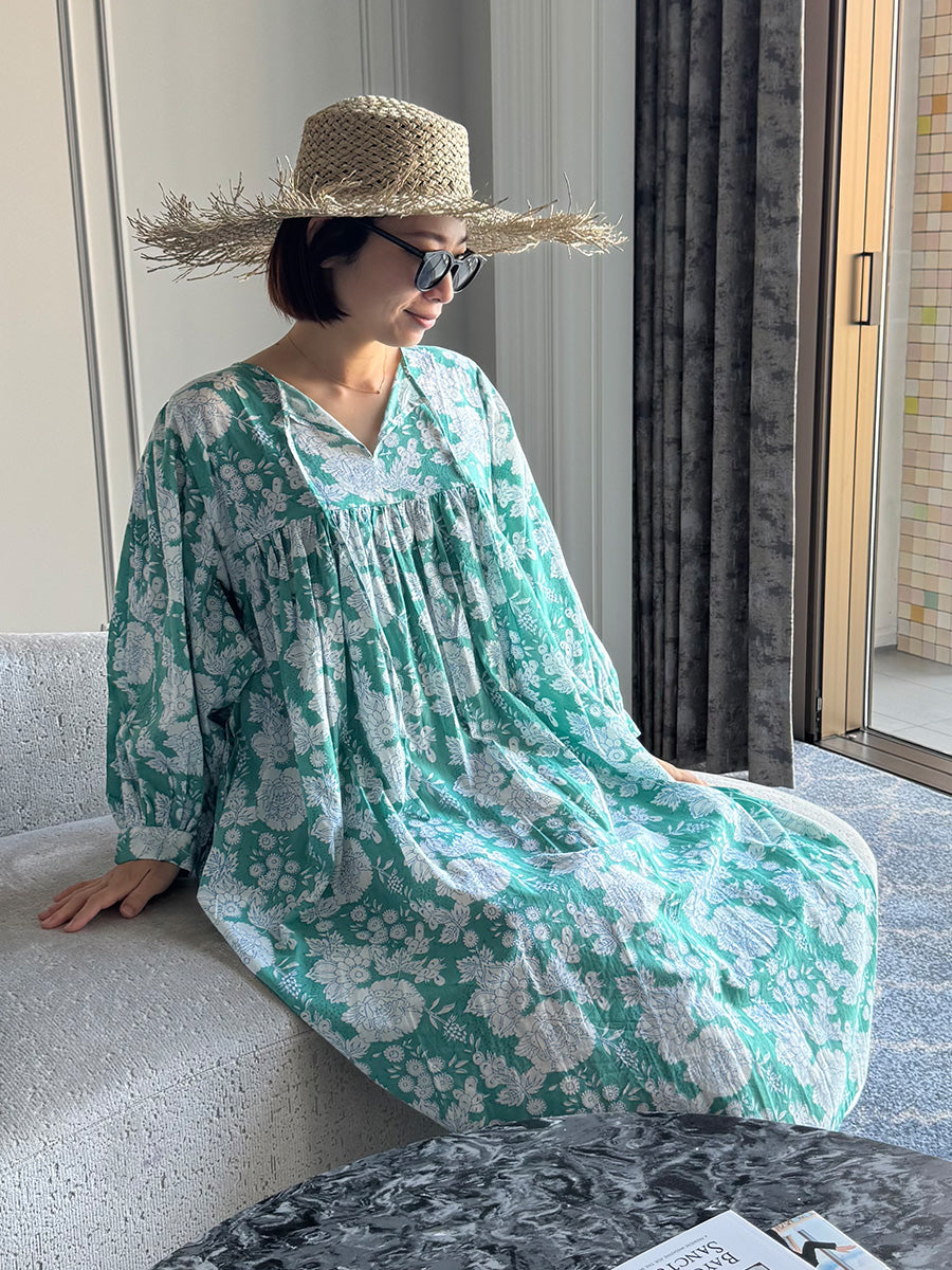 Eighty Seven(エイティセブン)インド綿フレア長袖ワンピース/グリーン