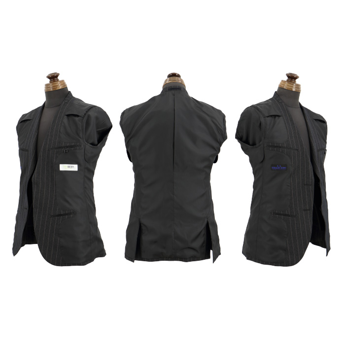 スリムスリーピーススーツ グレー ストライプ ストレッチ リンクル