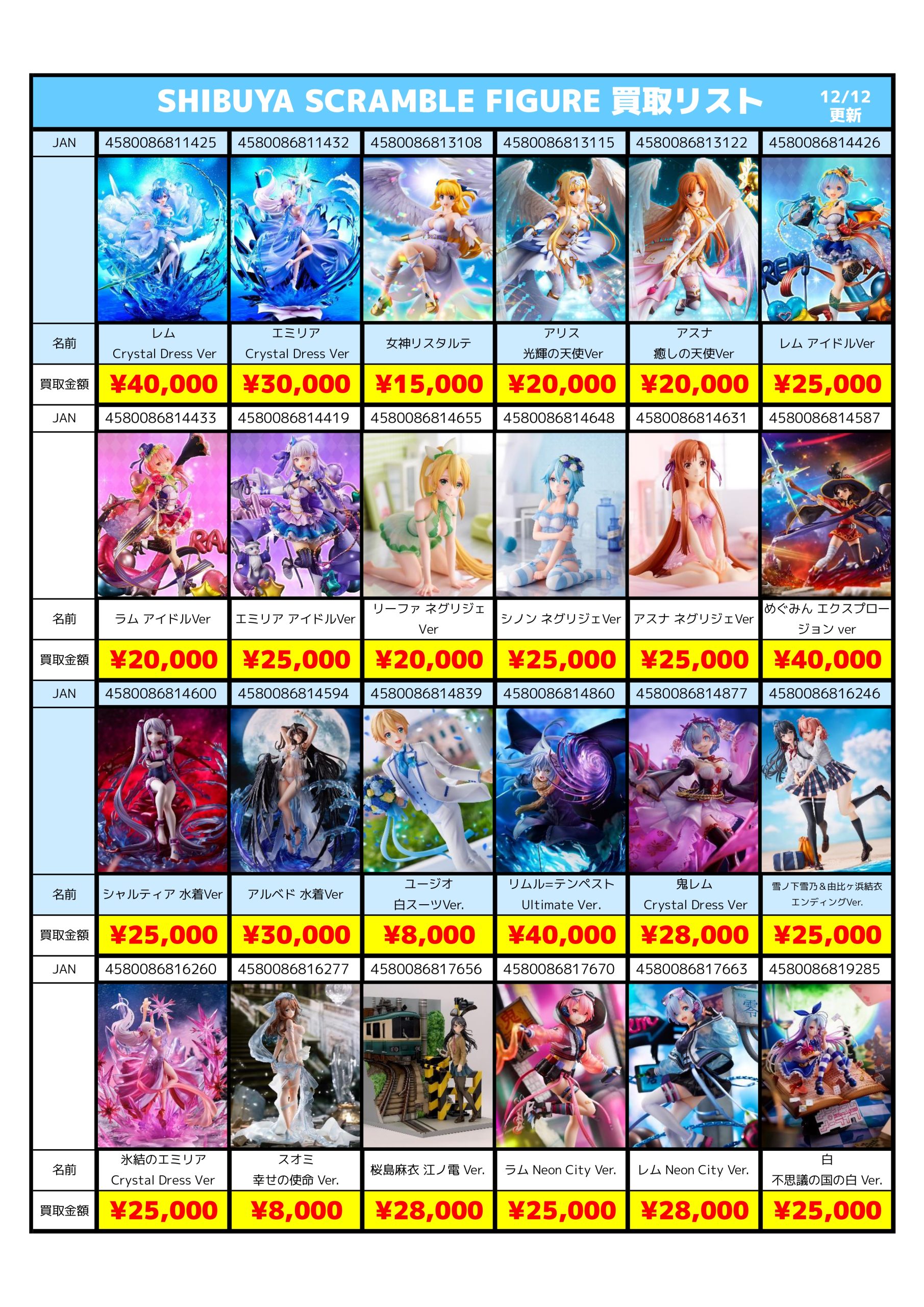 12/12最新】SHIBUYA SCRAMBLE FIGURE（渋スク）買取リスト公開！レム