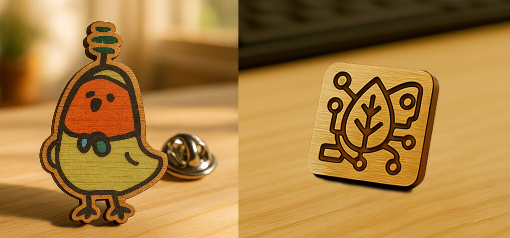 オリジナル形状で作れて用途も様々、SDGsな木製ピンバッジ