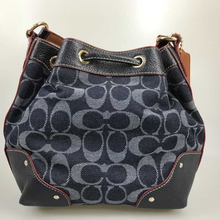 COACH コーチ シグネチャー 巾着ショルダーバッグ デニム ×レザー