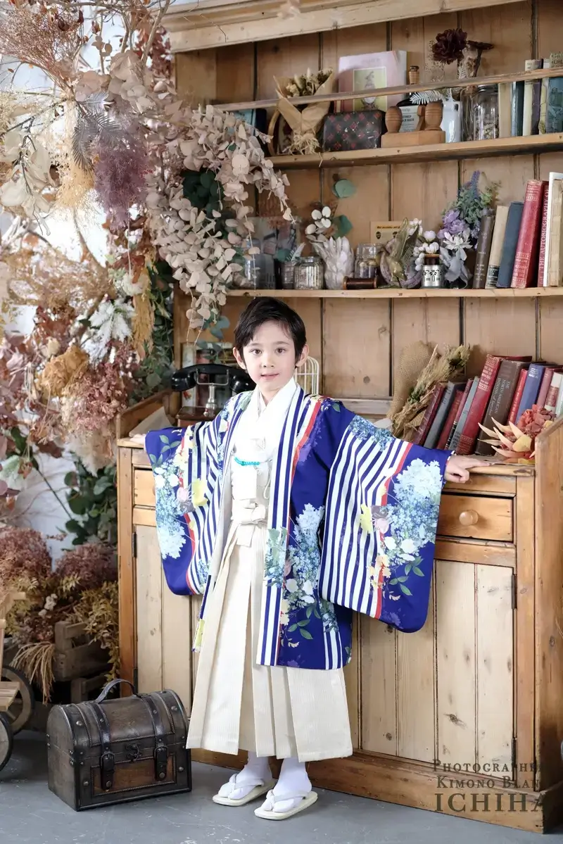 七五三 5歳 男の子 着物｜ストライプ 青花