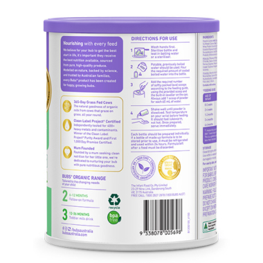 Bubs（バブズ）オーガニック粉ミルク ステップ1（0～6カ月）大缶 800g