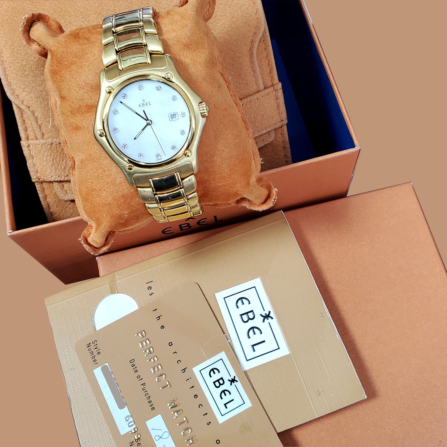 Ebel Factory White MOP Diamond Dial 18k Gold 37mm Watch 887902