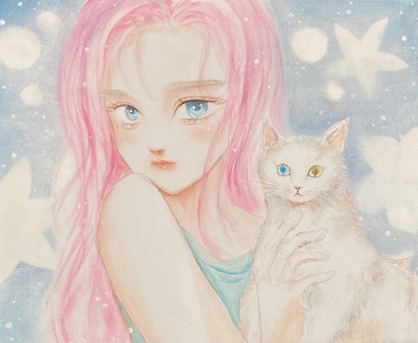 白猫オッドアイと女子」 by Tアート｜Artmeter｜暮らしを彩るアートが