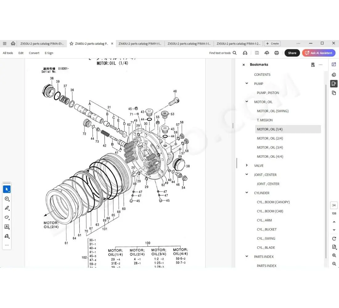Hitachi excavator Zaxis ZX40U-2 ZX50U-2 parts + service manual