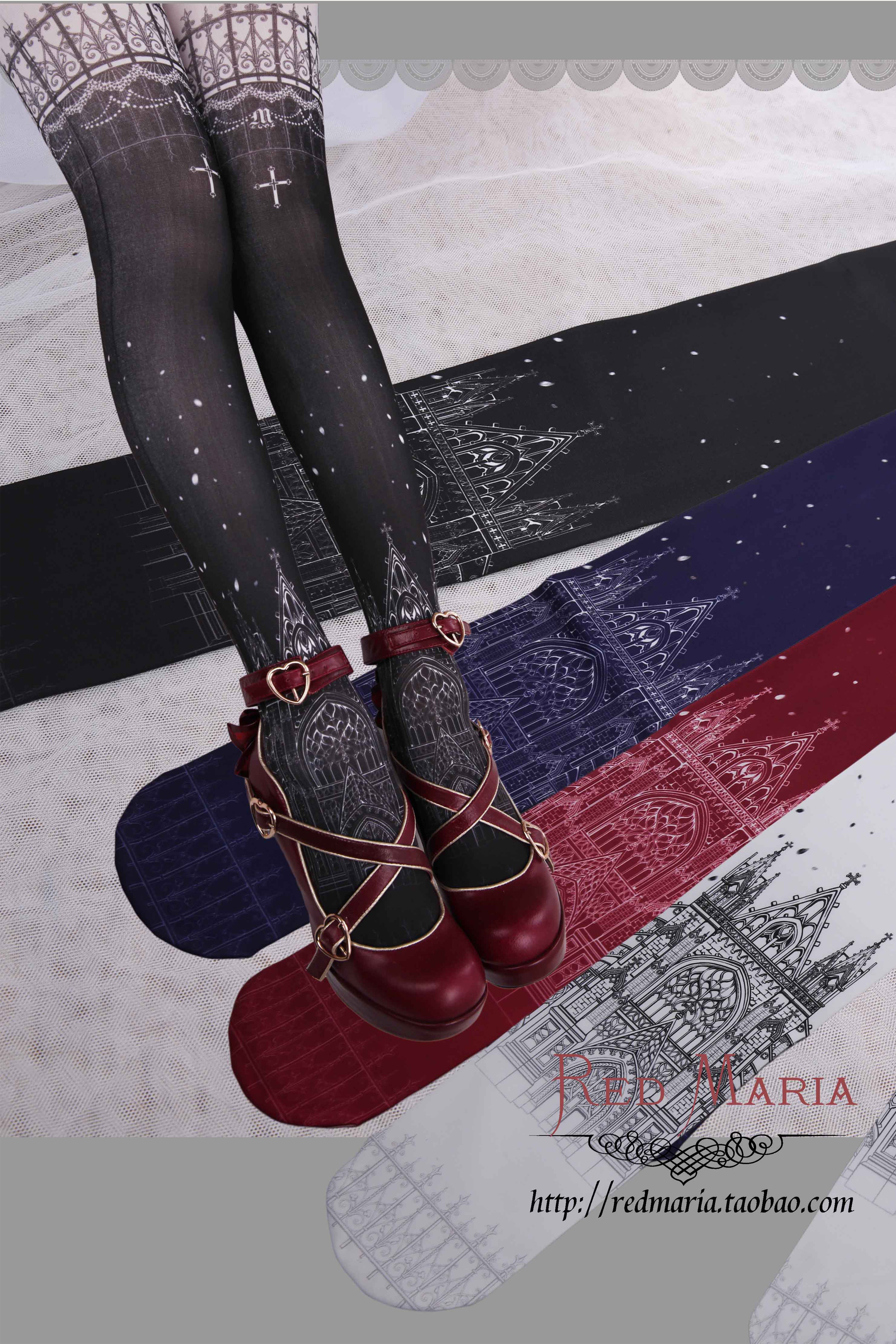 ゴシック教会柄タイツ(レッド・ネイビー)【Red Maria】 – Epetice