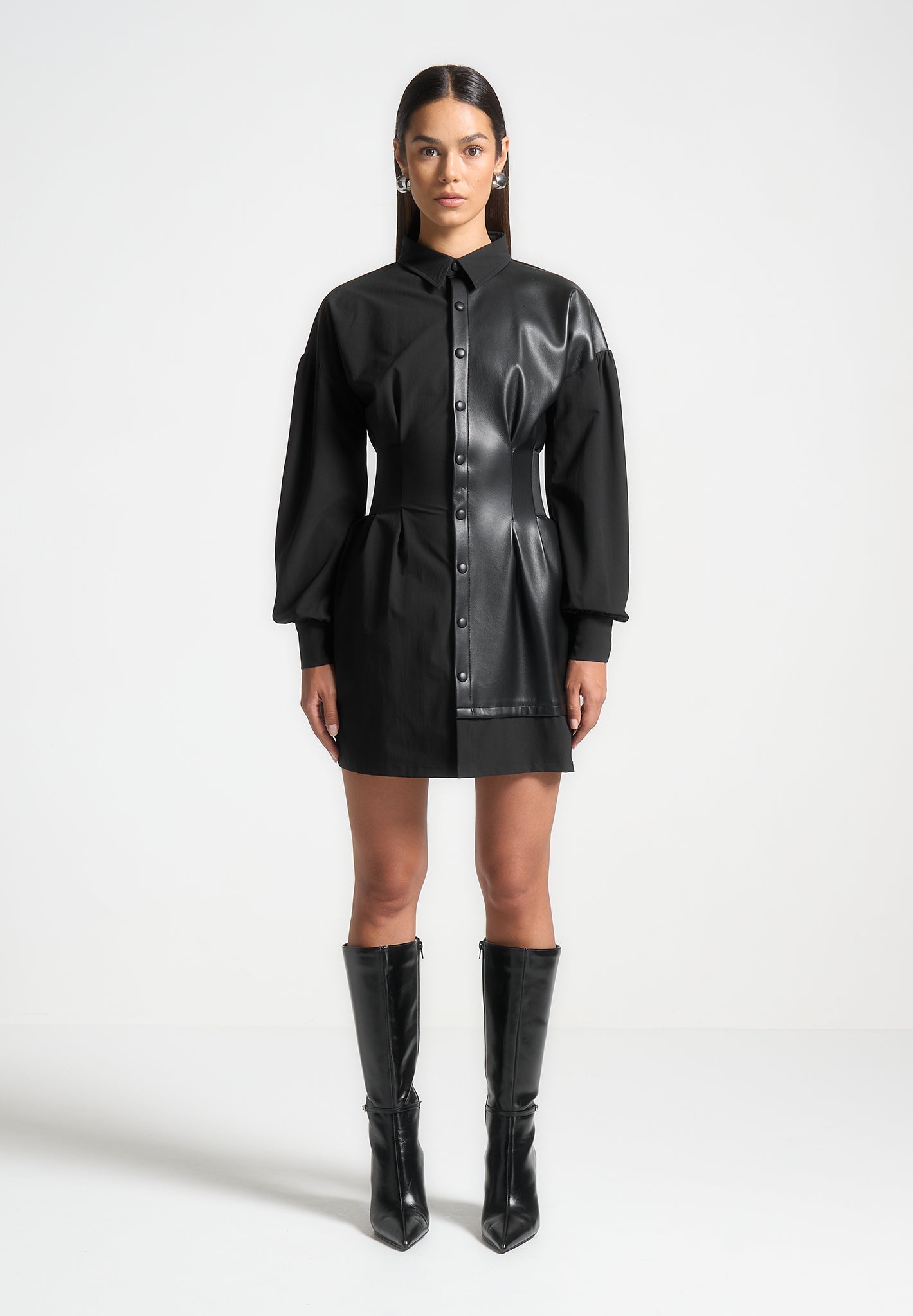 Half Leather Shirt Dress - Black | Manière De Voir B.V